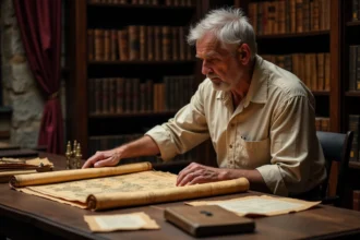 Chercheur généalogiste examinant une carte historique ancienne dans une bibliothèque d'archives sur les familles Pompeu