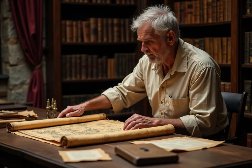 Chercheur généalogiste examinant une carte historique ancienne dans une bibliothèque d'archives sur les familles Pompeu