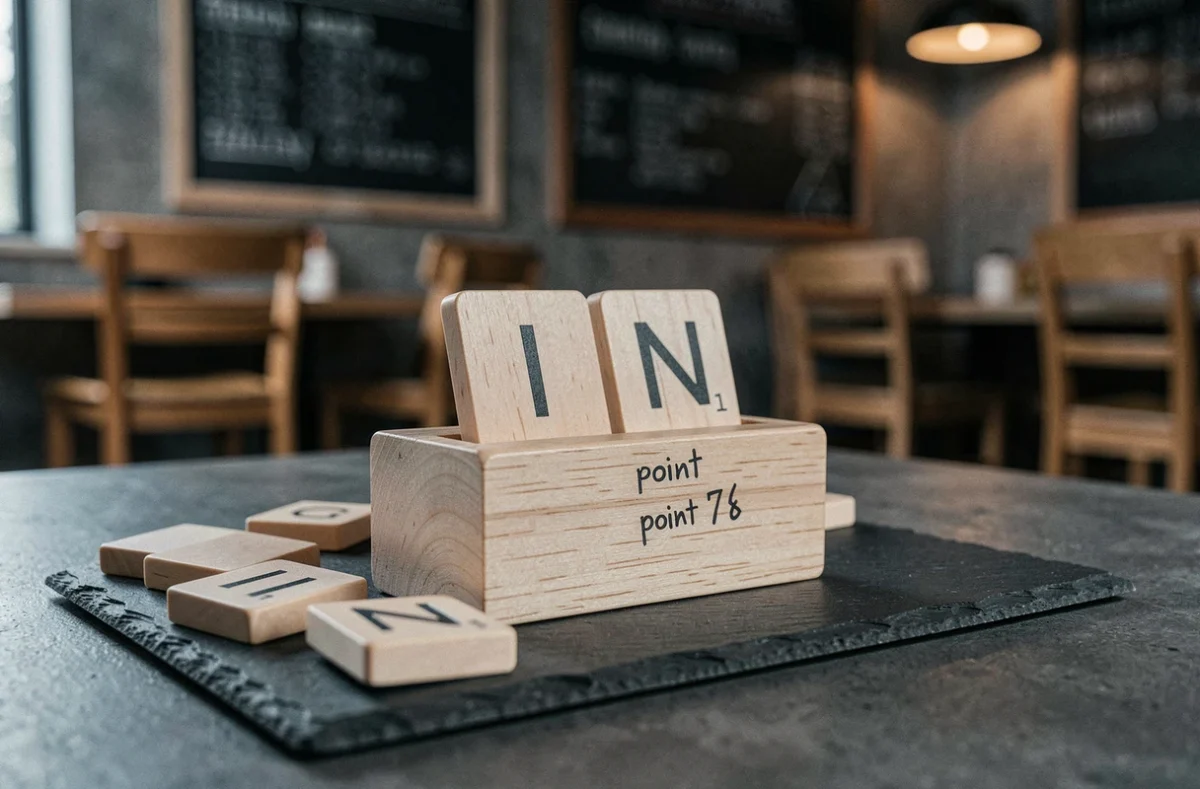 Chevalet de Scrabble en bois affichant les lettres I et N avec une fiche de score sur une ardoise sombre dans un café de jeux