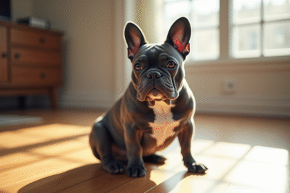 Bouledogue français bleu assis sur un sol en bois en intérieur