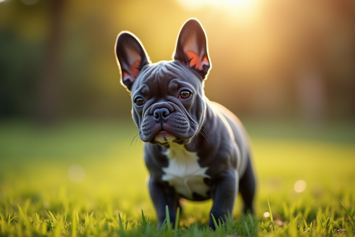 Bouledogue français bleu en extérieur dans un parc au lever du soleil