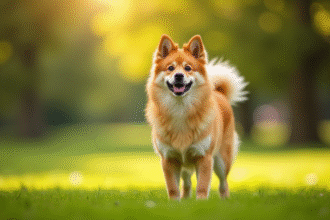 Finnish Spitz debout dans un parc ensoleille