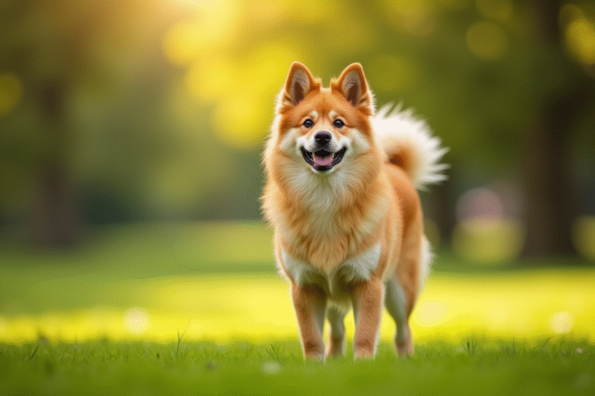 Finnish Spitz debout dans un parc ensoleille