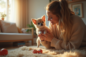 Jeune femme tenant un chiot Chihuahua dans un salon cosy