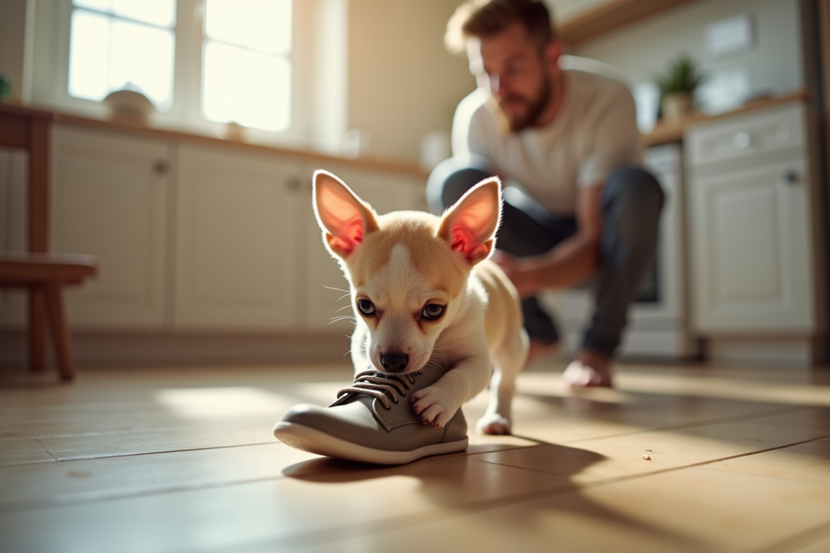Un chiot Chihuahua mordant une chaussure dans une cuisine moderne