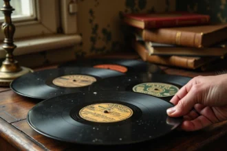 Collection de disques 78 tours en shellac posés sur une table en bois ancien dans un appartement parisien, avec des mains tenant délicatement un vinyle de jazz ou de chanson française