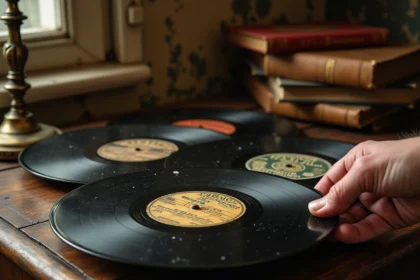 Collection de disques 78 tours en shellac posés sur une table en bois ancien dans un appartement parisien, avec des mains tenant délicatement un vinyle de jazz ou de chanson française
