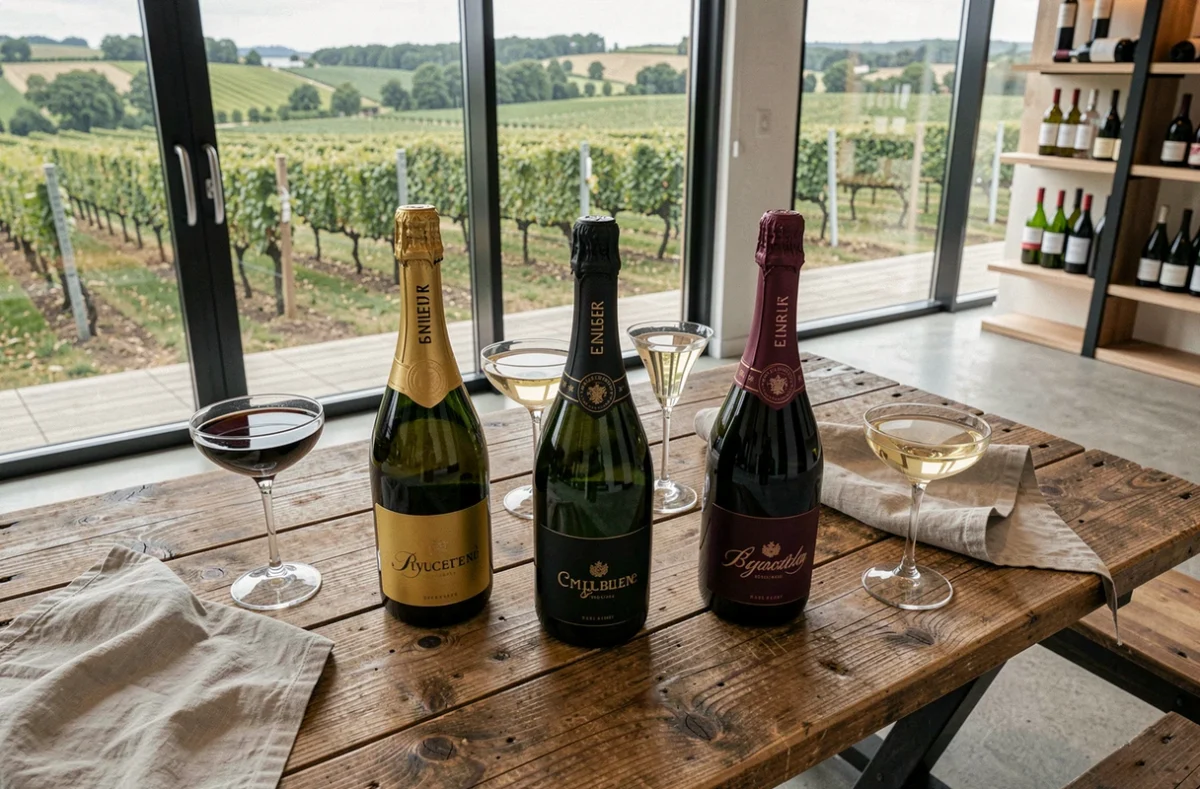 Collection de bouteilles de champagne avec capsules artisanales variées disposées sur une table en chêne dans une boutique moderne