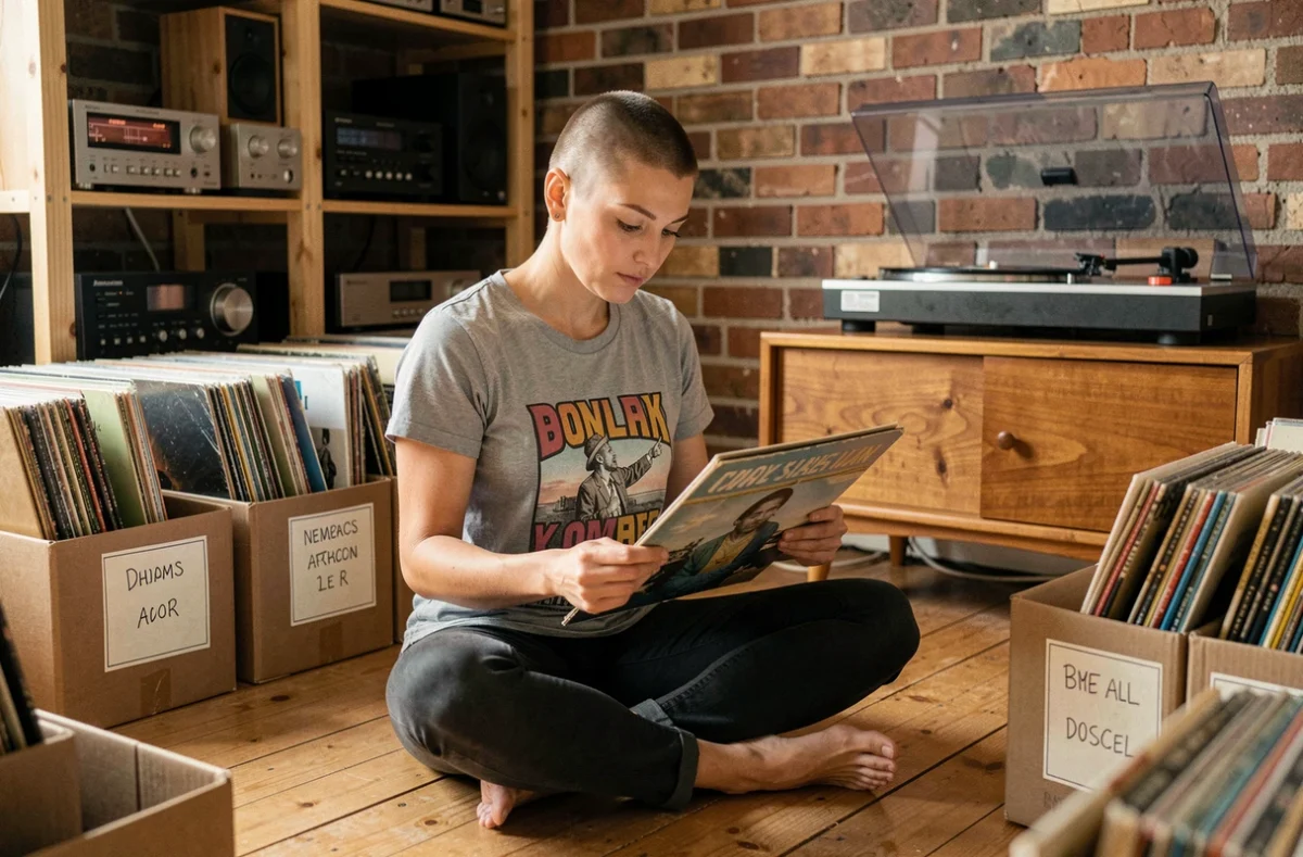Passionnée de techno triant sa collection de vinyles dans un appartement avec platine et matériel audio vintage