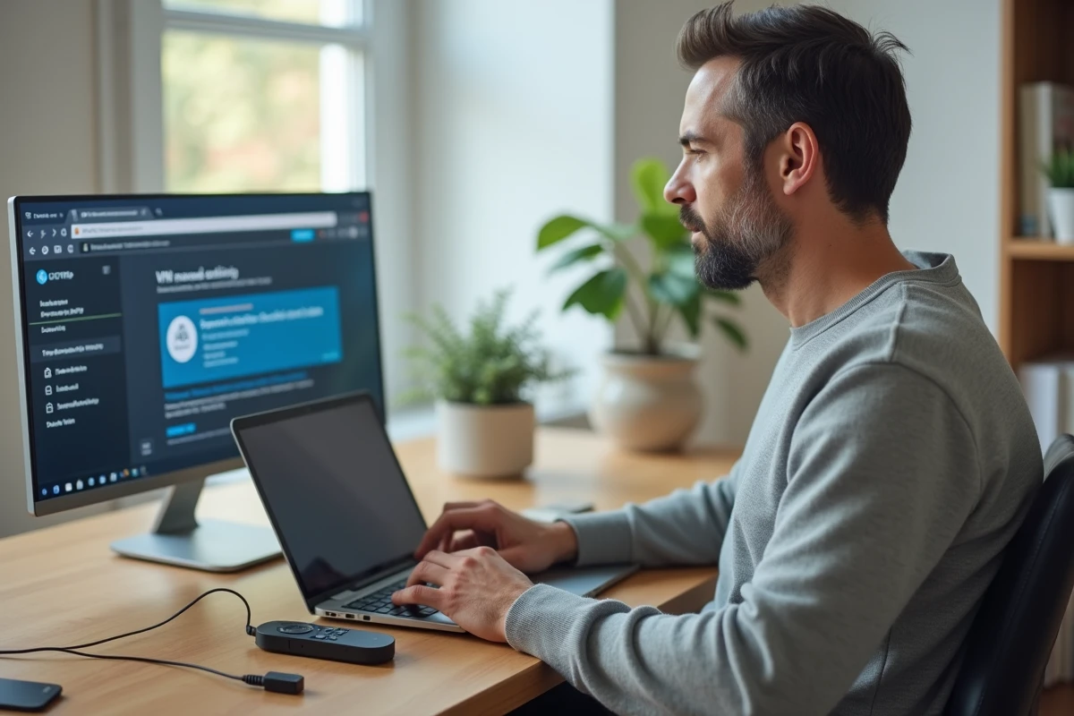 Homme configurant un VPN sur ordinateur portable avec une clé de streaming et une télécommande Smart TV posées sur son bureau