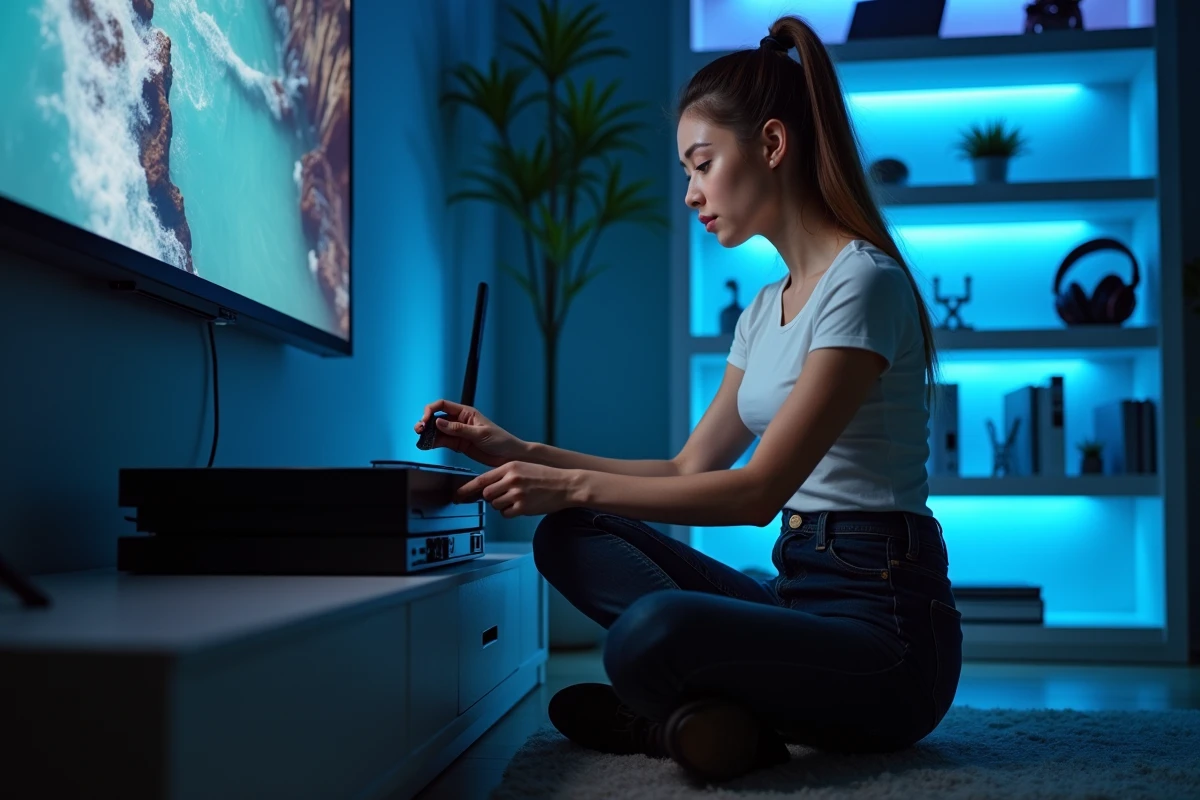 Femme configurant un routeur VPN sur une console de jeu pour contourner les restrictions géographiques de streaming