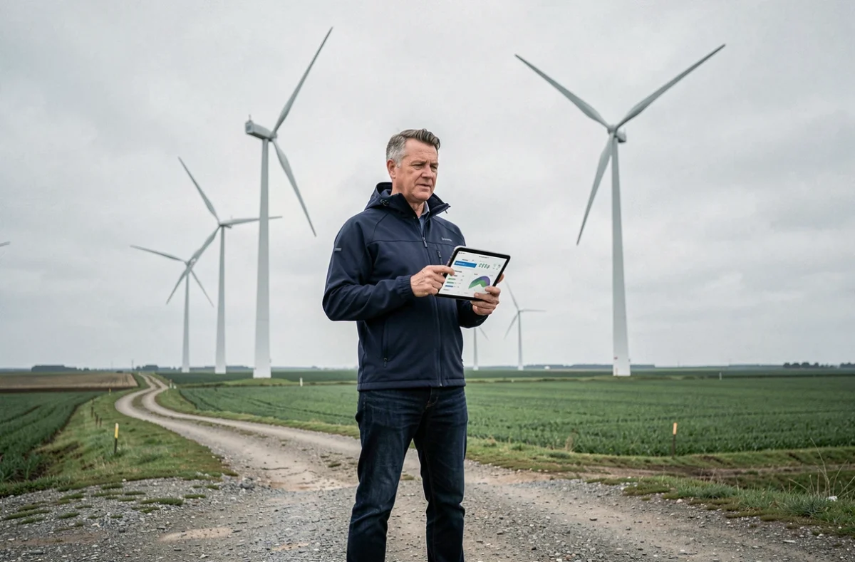 Homme consultant des données énergétiques sur tablette devant un parc éolien dans une plaine agricole