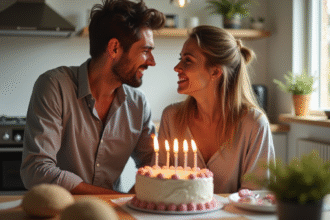 Couple dans la trentaine échangeant un regard amoureux en cuisinant