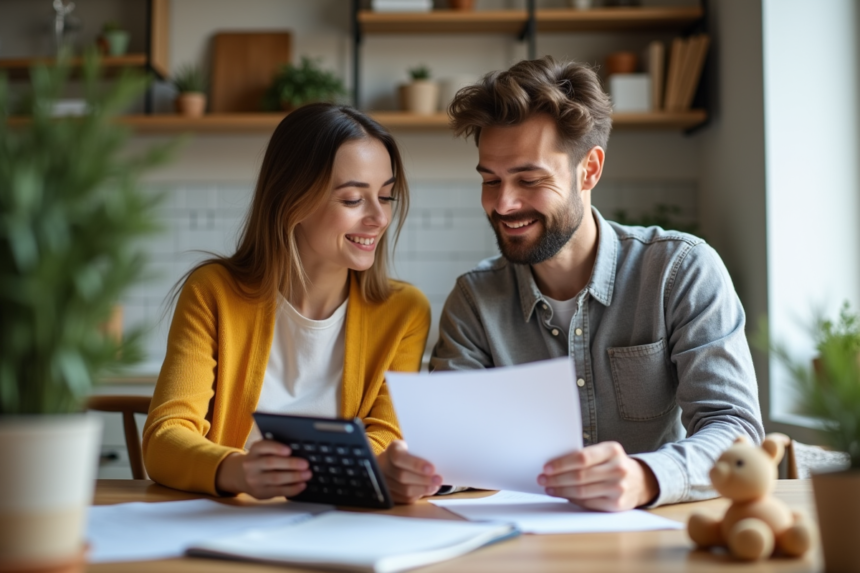 Jeune couple en cuisine gérant leur budget familial