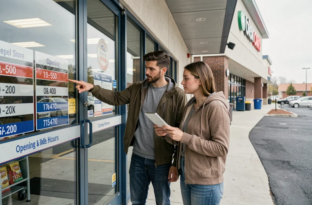 Couple vérifiant les horaires d'ouverture affichés sur la vitrine d'un supermarché en zone commerciale