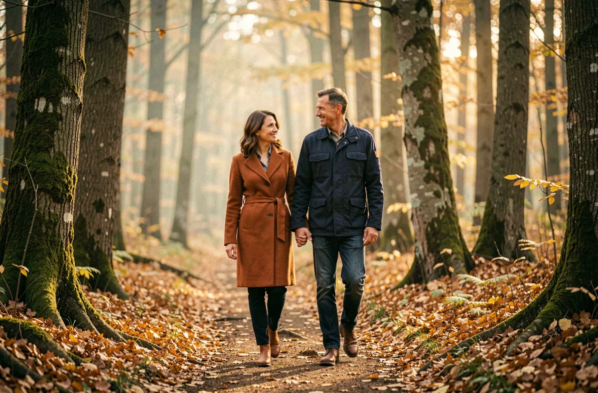 Couple marchant main dans la main en forêt automnale, évoquant le lien karmique et spirituel entre deux âmes sœurs