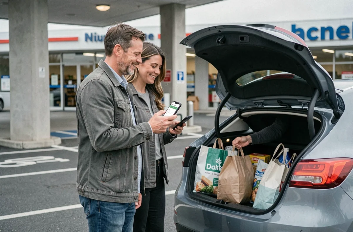 Couple récupérant leurs courses au drive Carrefour avec un code promo affiché sur smartphone