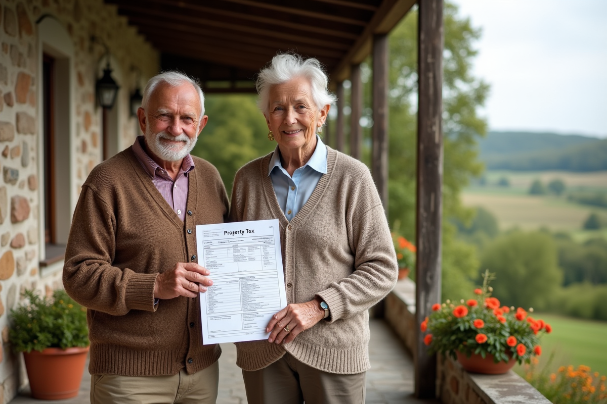 Couple retraité devant leur maison à la campagne