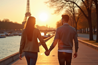 Jeune couple marchant main dans la main le long de la Seine