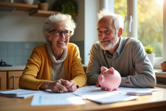 Couple senior heureux avec documents financiers et tirelire
