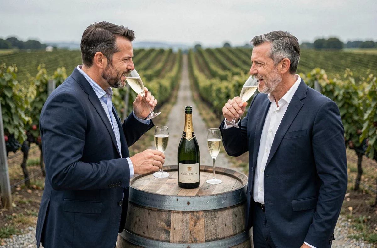 Deux hommes dégustant du champagne en plein air lors d'un événement de dégustation de collections capsules dans un vignoble champenois