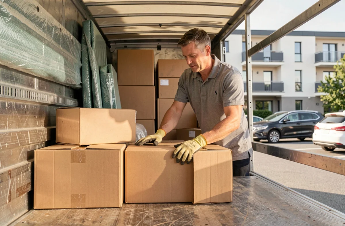 Déménageur organisant des cartons dans le camion de déménagement lors d'un déménagement dans l'Oise