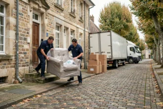Deux déménageurs professionnels portant un fauteuil emballé devant une maison en pierre dans l'Oise