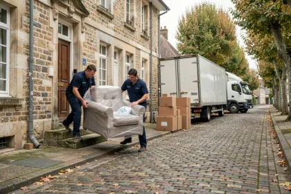 Deux déménageurs professionnels portant un fauteuil emballé devant une maison en pierre dans l'Oise
