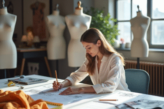 Créateur de mode dessinant dans un studio lumineux