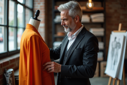 Designer mode homme en atelier créatif avec tissu et croquis