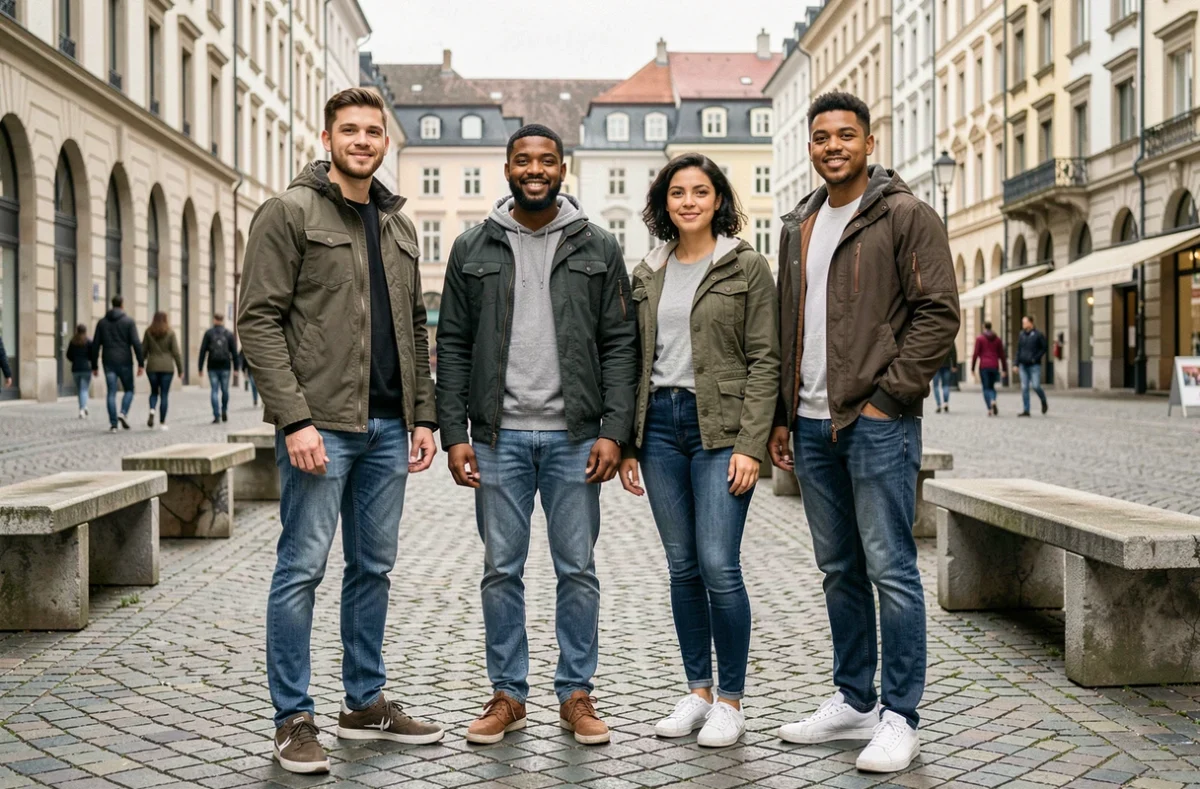 Groupe diversifié d'adultes de différentes tailles et origines ethniques debout dans une place urbaine européenne