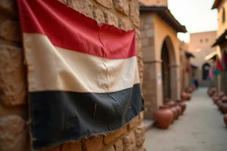 Gros plan sur un drapeau panarabe rouge blanc noir en tissu texturé accroché contre un mur de pierre dans un marché du Moyen-Orient