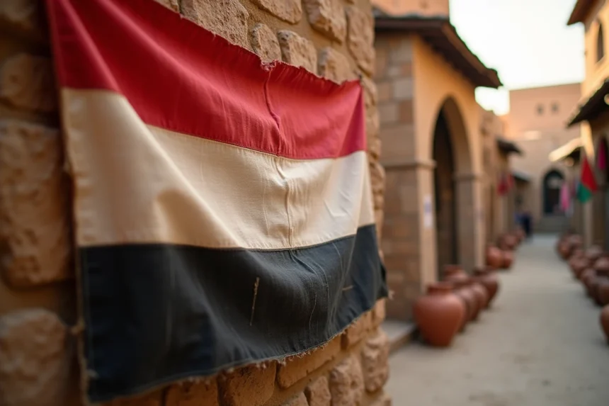 Gros plan sur un drapeau panarabe rouge blanc noir en tissu texturé accroché contre un mur de pierre dans un marché du Moyen-Orient