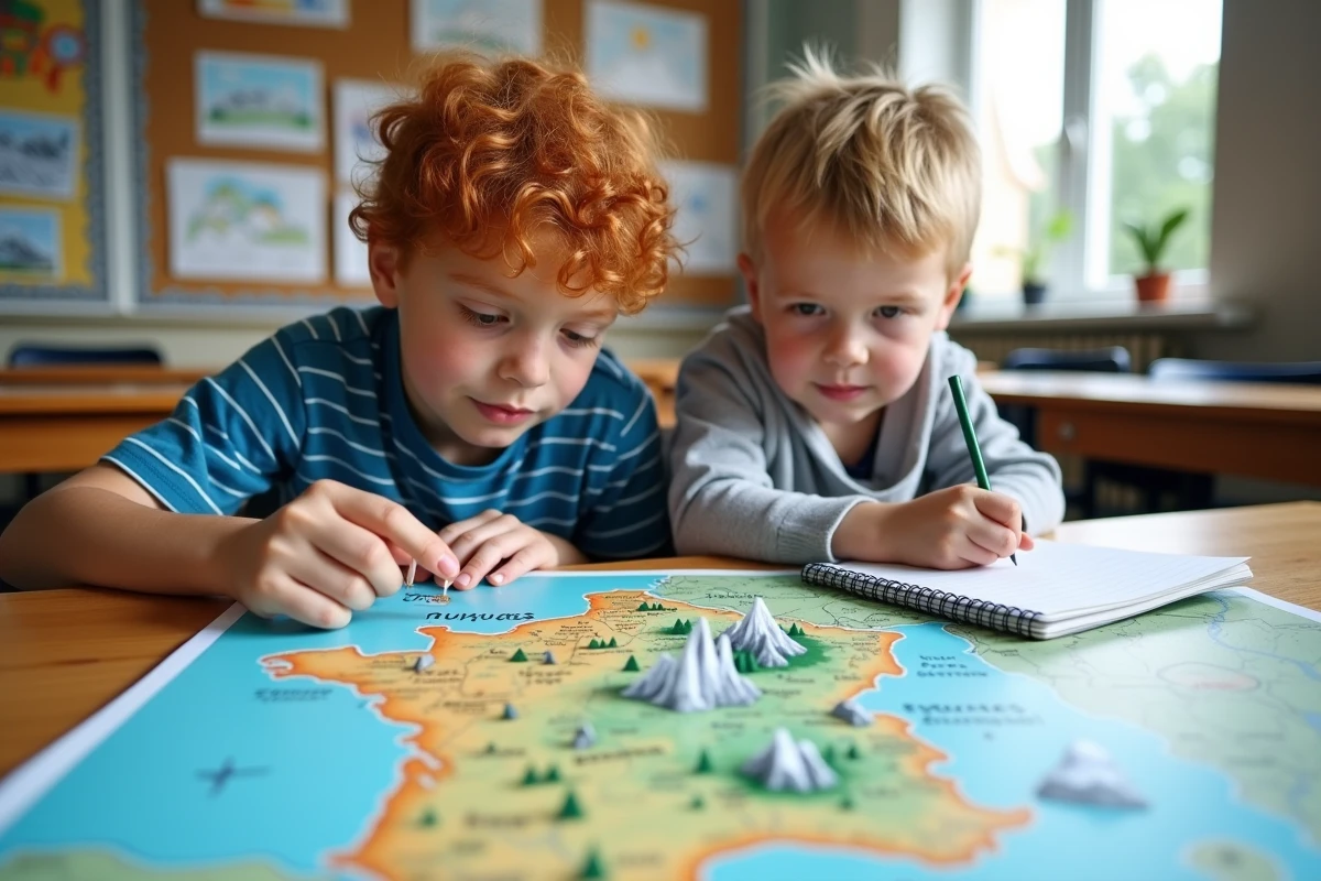 Deux garçons penchés sur une carte éducative des montagnes de France dans une salle de classe, découvrant les reliefs ensemble