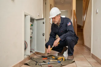 Électricien d'urgence intervenant sur un tableau électrique dans une maison en Seine-et-Marne