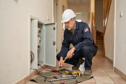 Électricien d'urgence intervenant sur un tableau électrique dans une maison en Seine-et-Marne