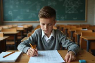 Élève de collège consultant un tableau de conversion des litres pendant un contrôle de mathématiques