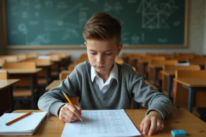 Élève de collège consultant un tableau de conversion des litres pendant un contrôle de mathématiques