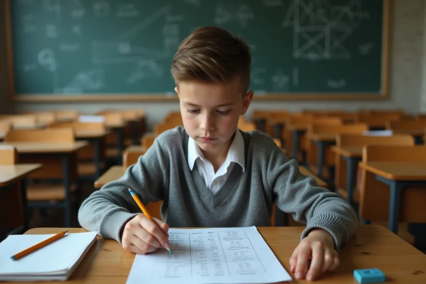Élève de collège consultant un tableau de conversion des litres pendant un contrôle de mathématiques