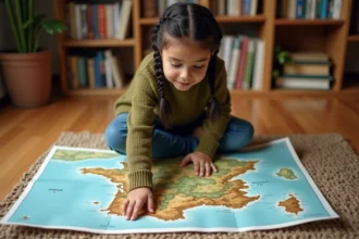 Petite fille assise sur un parquet en bois qui explore une grande carte topographique colorée de la France montrant les reliefs montagneux