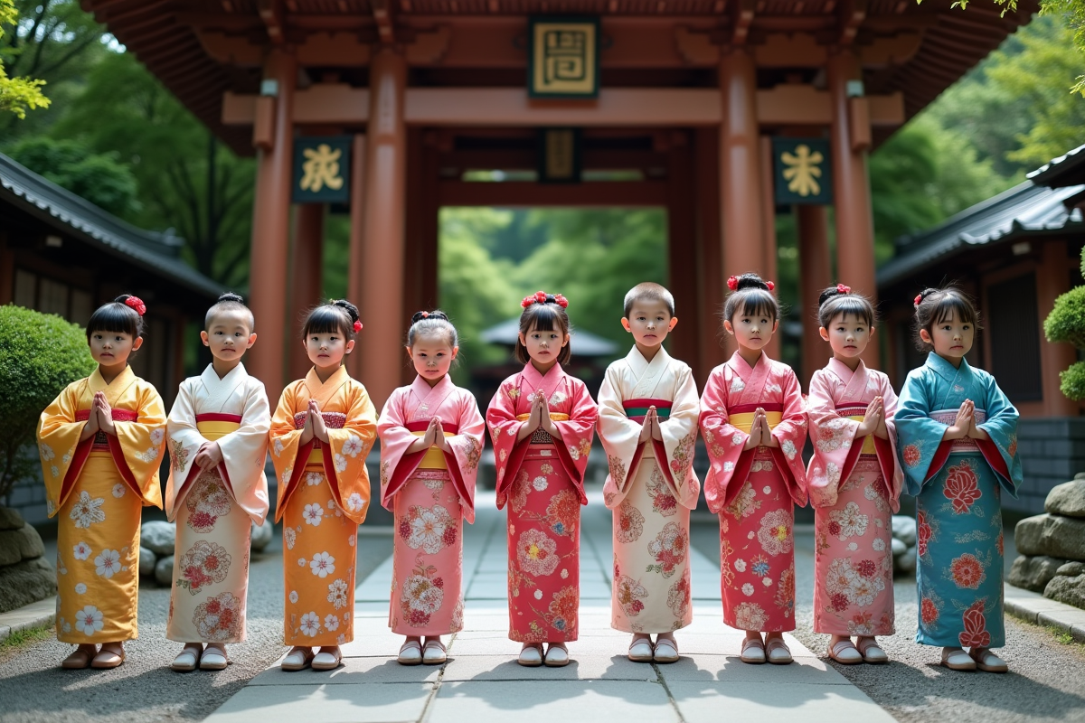 Enfants et aînés japonais en kimono devant un torii lors d