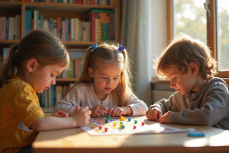 Trois enfants jouent à un jeu éducatif lumineux