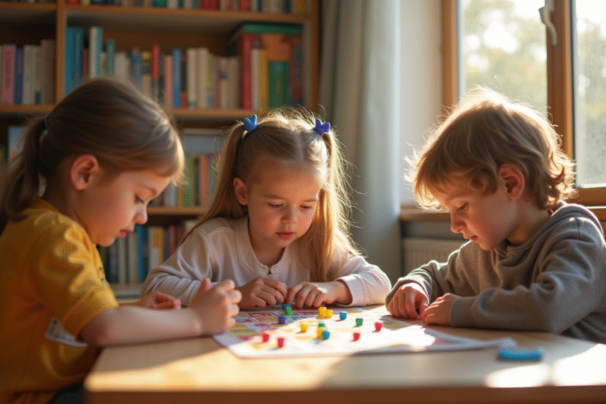 Trois enfants jouent à un jeu éducatif lumineux