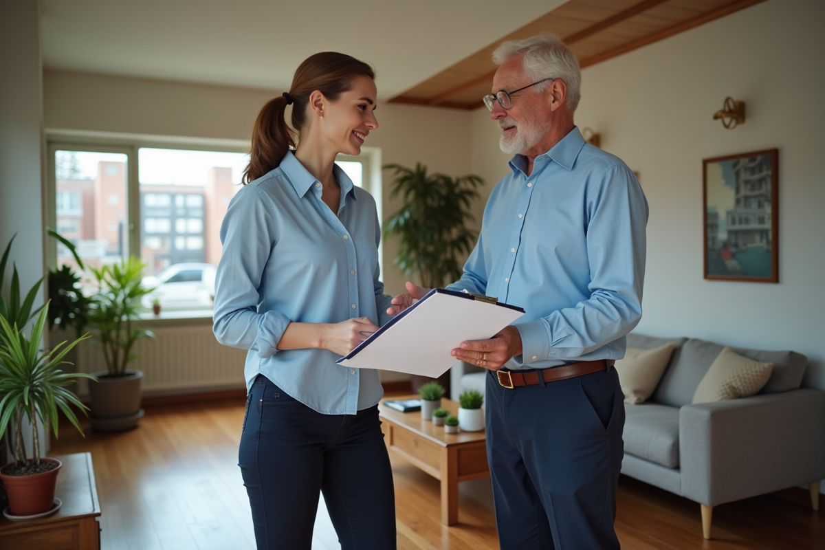 Jeune ingénieure discutant de plans avec un client dans un salon