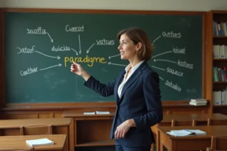 Une enseignante explique le champ lexical et la définition paradigmatique devant un tableau noir couvert de mots en français