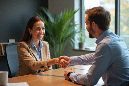 Deux professionnels se serrant la main dans un bureau moderne