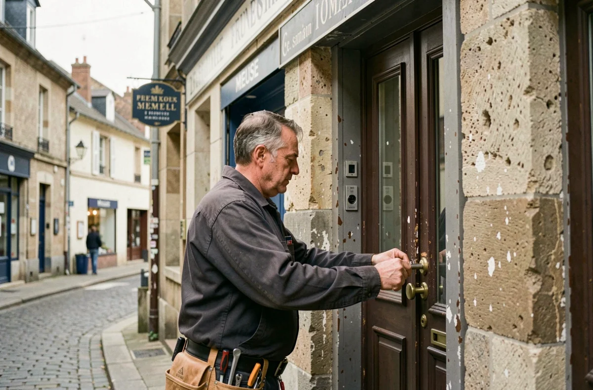 Serrurier des Ets Pierrot remplaçant un cylindre de serrure sur la devanture d'un commerce dans la Meuse