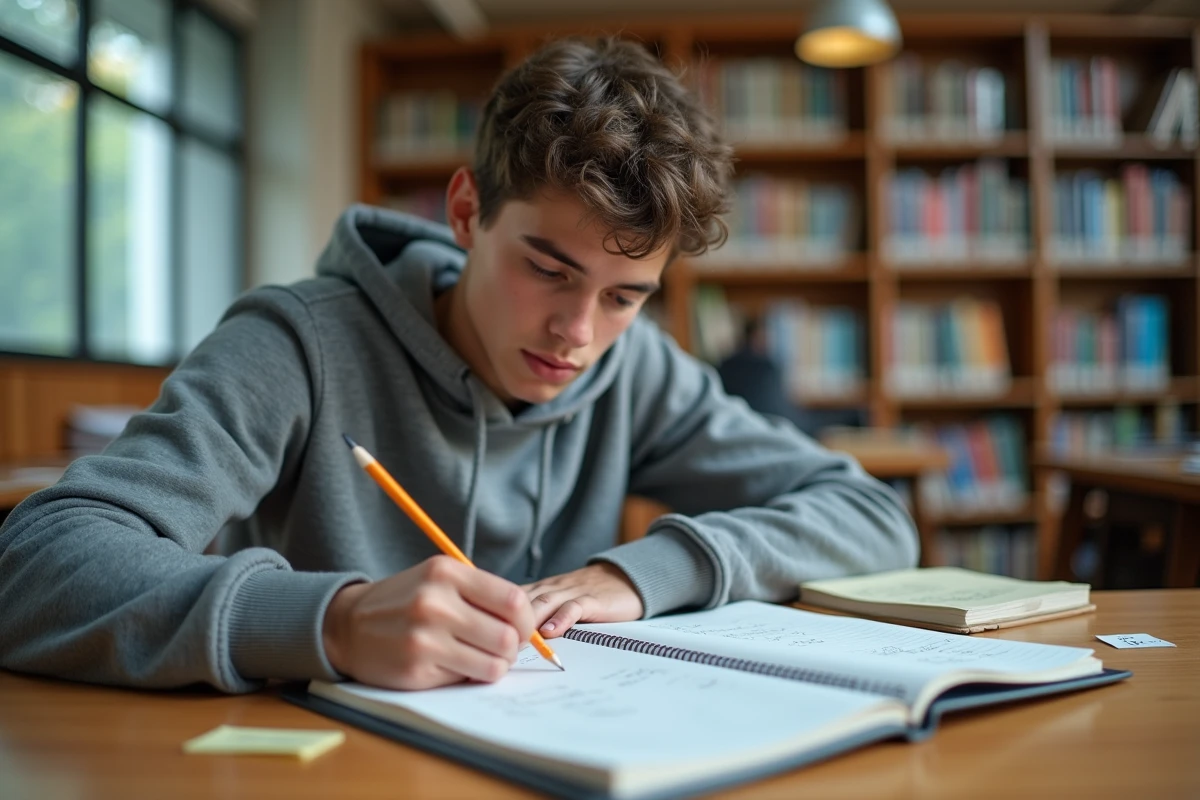 Étudiant prenant des notes avec un pense-bête mémo sur son bureau en bibliothèque