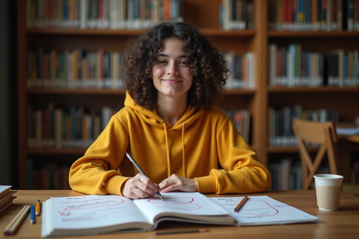 Une étudiante révise la définition paradigmatique et le champ lexical avec des fiches de linguistique dans une bibliothèque universitaire