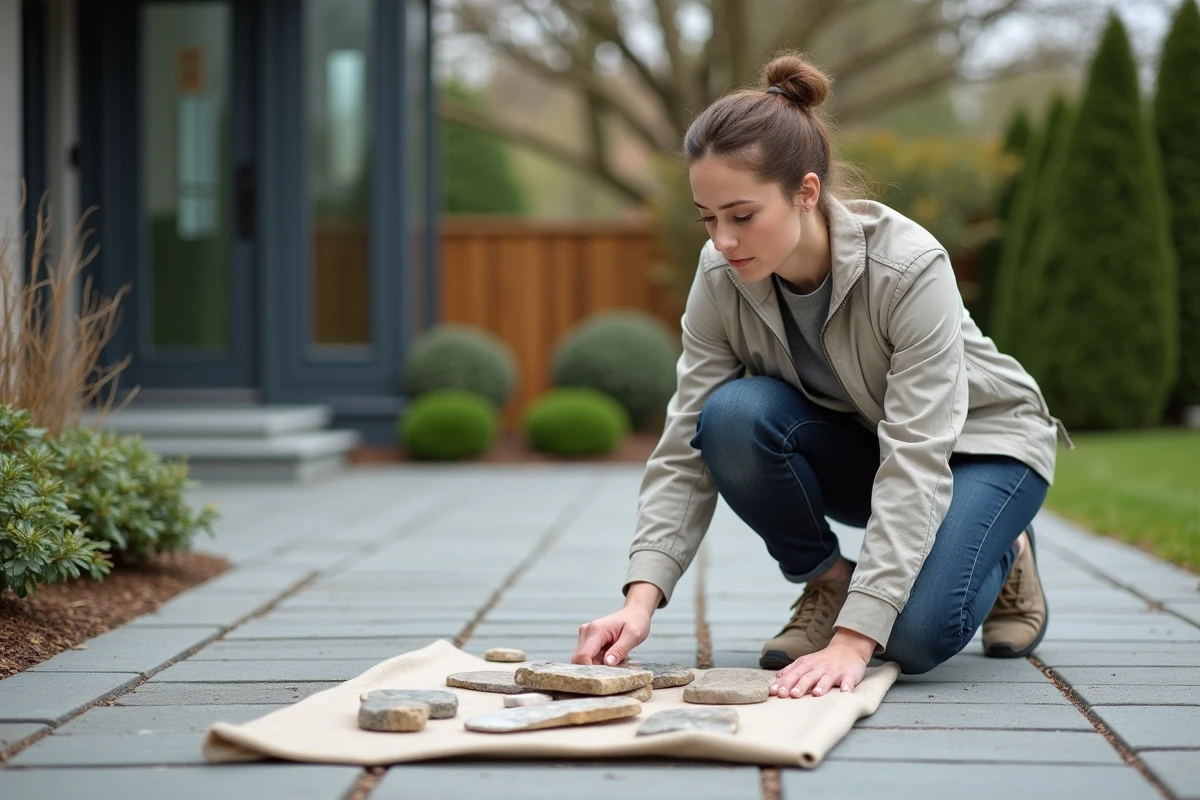 Femme inspectant des échantillons de pierre naturelle